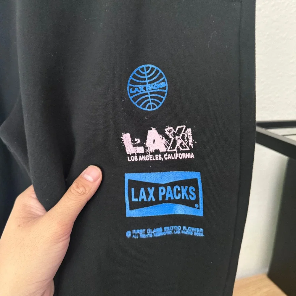 LAX black men's cotton graphic logo pull on elastic waist jogger sweat pants